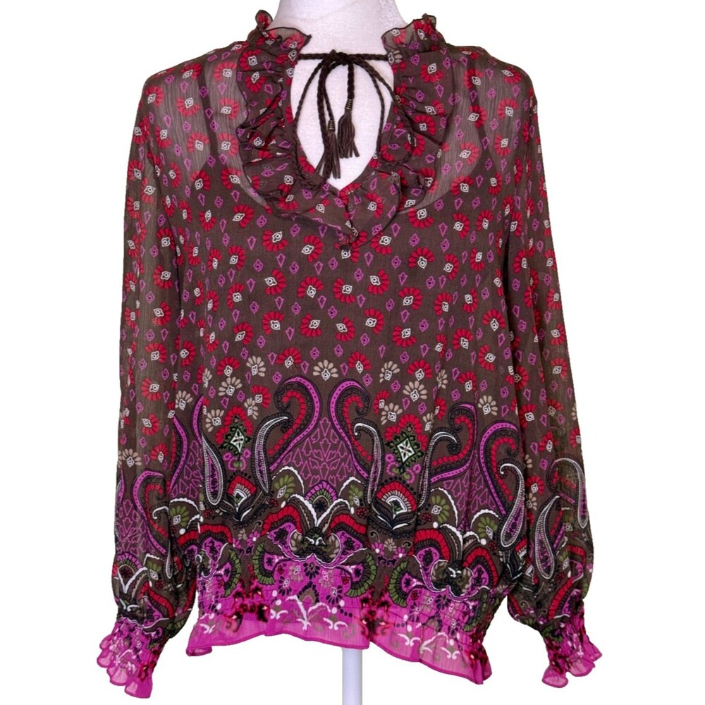 Candie's Women's Boho Paisley Ruffle Peasant Sheer Blouse Festival Hippie Top XL